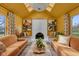 Bright living room with yellow walls, skylight, fireplace, and comfortable sofas at 6185 Evanston Ave, Indianapolis, IN 46220