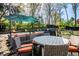 Beautiful backyard featuring a patio set, umbrella, and lush landscaping around the fenced in area at 6911 N Tuxedo St, Indianapolis, IN 46220