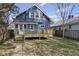 Backyard view of a blue home with a wooden deck and a small patch of grass at 914 N Bancroft St, Indianapolis, IN 46201