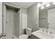 Cozy bathroom featuring a stand-up shower, toilet, and a sink with a vanity at 14 Fountain Lake Dr, Greenfield, IN 46140
