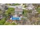 Overhead shot of the backyard with a sparkling blue pool, wooden deck, and landscaped garden in a Gathering-friendly neighborhood at 15385 Ellington Dr, Fishers, IN 46040