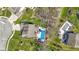 An aerial view highlights a backyard pool, patio furniture, and a playground, set amidst green lawns at 15385 Ellington Dr, Fishers, IN 46040