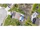 An aerial view showcases a private backyard swimming pool, patio furniture, and playground amidst green lawns at 15385 Ellington Dr, Fishers, IN 46040
