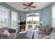 Cozy sunroom with comfortable seating, a fireplace, and a sliding glass door leading to the backyard at 2093 Autumn Faith Way, Avon, IN 46123