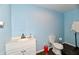Cozy basement bathroom with blue walls, a toilet, and a modern vanity at 3316 Gainesville Ct, Indianapolis, IN 46227