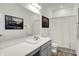 Bathroom with gray vanity, white countertop, framed art, and shower with curtain at 3572 Westmore Cir, Bargersville, IN 46106
