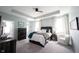 Well lit main bedroom boasts a tray ceiling and large windows with white curtains at 1099 Valentine Ln, Carmel, IN 46032