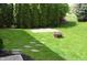 Lush green backyard with a fire pit area, stepping stones, and privacy trees create a serene outdoor space at 12326 River Valley Dr, Fishers, IN 46037