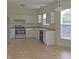 A sunlit kitchen with white cabinets, stainless appliances, and neutral countertops at 12326 River Valley Dr, Fishers, IN 46037