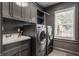 Well-lit laundry room features gray cabinets and front-load washer and dryer at 222 E 71St St, Indianapolis, IN 46220