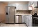 Modern kitchen with stainless steel appliances, white cabinets and mosaic backsplash at 248 Parkview Dr, Whiteland, IN 46184