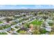 High angle, showcasing a lush neighborhood with tree-lined streets under a clear sky, and a city skyline in the backdrop at 3110 S Temple Ave, Indianapolis, IN 46237
