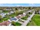 Overhead neighborhood view featuring manicured lawns, mature trees, and a distant cityscape under a bright, sunny sky at 3110 S Temple Ave, Indianapolis, IN 46237
