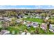 The aerial view shows houses with green lawns and mature trees in a neighborhood with skyline in the distance at 3110 S Temple Ave, Indianapolis, IN 46237