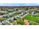 This aerial shot showcases a tranquil neighborhood with manicured lawns, mature trees, and a cityscape on the horizon at 3110 S Temple Ave, Indianapolis, IN 46237