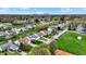 An aerial view of a neighborhood showcasing the skyline in the distance, surrounded by lush green trees and manicured lawns at 3110 S Temple Ave, Indianapolis, IN 46237