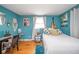Bedroom features hardwood floors, bright blue walls, large bed, and decor at 3502 River Park Dr, Anderson, IN 46012