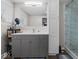 Updated bathroom featuring a stylish vanity, large mirror, plenty of storage and a glass enclosed shower at 6827 S 500 W, Trafalgar, IN 46181