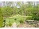 Backyard garden showcasing mature trees, varied plantings, small bench, and birdhouses at 701 Danver Ln, Beech Grove, IN 46107