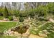 Backyard pond with rock border surrounded by mature landscaping and lush green lawn at 701 Danver Ln, Beech Grove, IN 46107