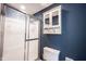 Bright bathroom with frosted glass shower doors and storage cabinet above the toilet at 1123 Barley Cir, Carmel, IN 46032