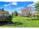Manicured backyard featuring a large lawn, mature trees, and a pond at 12588 Tennyson Ln # 205, Carmel, IN 46032