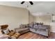 Comfortable living room features wood floors, ceiling fan, and neutral color palette at 12588 Tennyson Ln # 205, Carmel, IN 46032