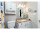Bathroom featuring a granite vanity top, and built-in cabinets for optimal storage space at 13971 Bruddy Dr, Fishers, IN 46038