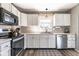 Bright kitchen features stainless steel appliances and ample white cabinets with modern finishes at 13971 Bruddy Dr, Fishers, IN 46038