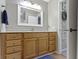Bathroom featuring wooden cabinets, large mirror, modern lighting, and wood-look floors at 1520 Norfolk Dr, Zionsville, IN 46077