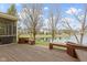 Spacious backyard deck with custom benches, perfect for enjoying the peaceful waterfront and manicured lawn at 300 Wyndotte Dr, Carmel, IN 46032