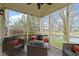 Relaxing screened-in porch with comfortable seating and a cozy fire table, overlooking the backyard pond at 300 Wyndotte Dr, Carmel, IN 46032