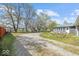Spacious backyard with gravel driveway, mature trees, fire pit, and hammock, perfect for outdoor enjoyment at 415 Elm Ave, Sheridan, IN 46069