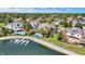 Beautiful aerial view showcasing the lakefront home, pool, and private boat dock at 4843 Snowberry Bay Ct, Carmel, IN 46033