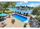 A high-angle captures the sparkling pool, lake and boat dock nestled within lush greenery creating a serene backyard escape at 4843 Snowberry Bay Ct, Carmel, IN 46033