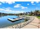 A serene waterfront view featuring a dock and walking path on a clear, sunny day at 4843 Snowberry Bay Ct, Carmel, IN 46033