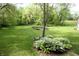 Lush backyard featuring mature trees, garden beds and lovely landscaping that enhances the property's beauty at 701 E Main St, Westfield, IN 46074
