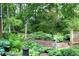 Beautifully landscaped backyard featuring mature trees, diverse plants, and tranquil setting at 701 E Main St, Westfield, IN 46074