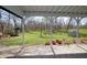 A beautiful backyard view from the porch with lush grass, mature trees, and a charming gazebo at 701 E Main St, Westfield, IN 46074