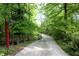 Gravel driveway winding through mature trees leads to property, enhanced by a decorative red light post at 701 E Main St, Westfield, IN 46074
