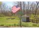 Backyard showing tidy garden with shed, manicured lawn and flowerbeds at 701 E Main St, Westfield, IN 46074