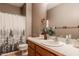 Bathroom with a single sink, mirror, toilet and shower with curtain at 7249 Tuliptree Trl, Indianapolis, IN 46256