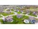 This aerial view showcases well manicured lawns and a pool in a quiet and friendly neighborhood at 1334 Winfield Way, Greenwood, IN 46143