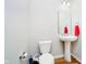 Powder room with pedestal sink, toilet, neutral paint and mirror, creating a functional space for guests at 7158 Sugar Maple Ln, Brownsburg, IN 46112