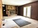 Spacious living room with wood paneling and a brick fireplace that includes built-in bookshelves at 8122 Tanager Ct, Indianapolis, IN 46256