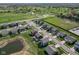 New homes sit along a pond and the green fairways of a lush golf course in this aerial view at 8442 Averly Park Dr, Indianapolis, IN 46237