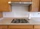 Close up of stainless steel gas range, countertops, and wood cabinets at 8801 Twain Ln, Indianapolis, IN 46239