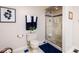 Bathroom featuring a glass-enclosed shower, white fixtures, and blue accents at 9838 Gulfstream Ct, Fishers, IN 46037