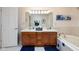 Well-lit bathroom featuring a double vanity with decorative fixtures and blue accents at 9838 Gulfstream Ct, Fishers, IN 46037