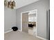 Open bedroom with barn door and neutral paint leads to a living area and carpeted floor at 11347 Whitewater Way, Fishers, IN 46037